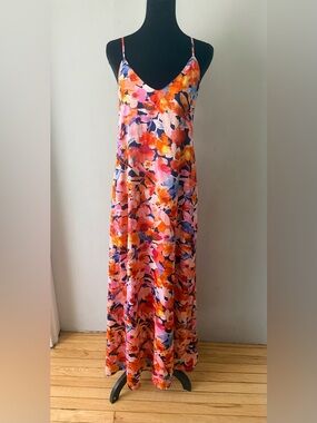 Tahari ASL Floral V-Neck Maxi Dress in Orange Pink Navy